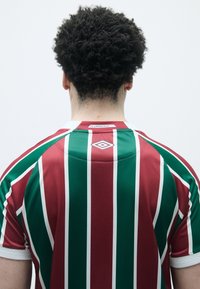 Sarkanas un zaļas svītrains futbola krekls ar baltām akcijām, logo aizmugurē un apaļo kakla izgriezumu, attēlots no aizmugures.