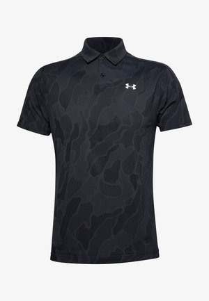 Schwarzes Poloshirt aus strukturiertem Stoff mit subtilen Camouflage-Muster. Mit Kragen und einer Zwei-Knopf-Leiste. Enthält ein Logo.