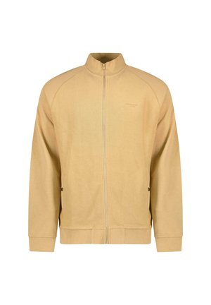 Lichtgele ritsjack met een hoge kraag, raglanmouwen en ribgebreide manchetten; heeft zijzakken met zwarte knopen. Gladde textuur.