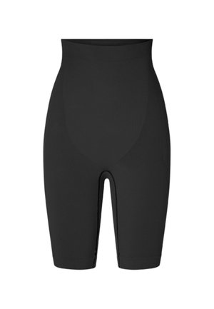 Juodos, aukštos liemens, kompresinės šortai, siekiantys iki vidurio šlaunies, be siūlių, su lygiu, prigludusiu dizainu.