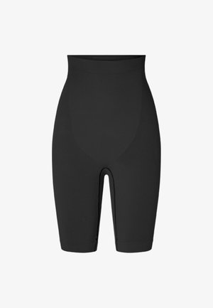 Schwarze, hoch taillierte Kompressionsshorts, die bis zur Mitte des Oberschenkels reichen, nahtloses Design mit glattem, anliegendem Erscheinungsbild.