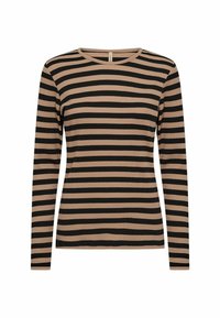 Langsleeve top van geribbelde stof met horizontale strepen in zwart en beige, met een ronde halslijn en een slim-fit design.