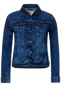 Denim jacket in dark blue with a button-up front, two chest pockets, and a classic collar. Features stitching details and a fitted silhouette.