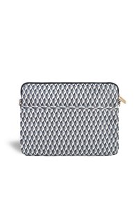 Zippered laptop case in navy and cream geometric pattern, featuring a smooth texture, rounded corners, and gold-tone hardware accents.