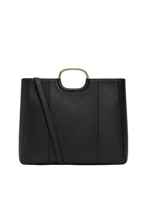 Borsa a mano rettangolare nera con manico in metallo dorato sagomato e lunga tracolla, texture in pelle liscia e logo "TWINSET Milano" impresso a rilievo.