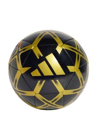 Schwarzer und goldener Fußball mit glatter Oberfläche, sechseckigen Panels und geometrischen Mustern, mit einem großen Adidas-Logo in Gold.