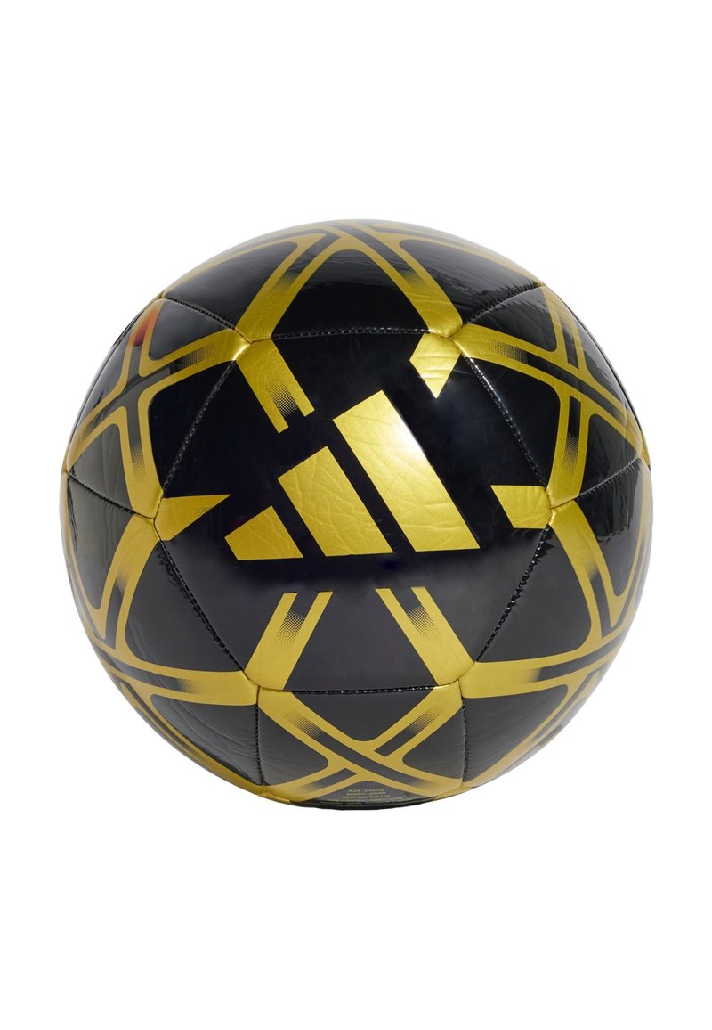 Schwarzer und goldener Fußball mit glatter Oberfläche, sechseckigen Panels und geometrischen Mustern, mit einem großen Adidas-Logo in Gold.