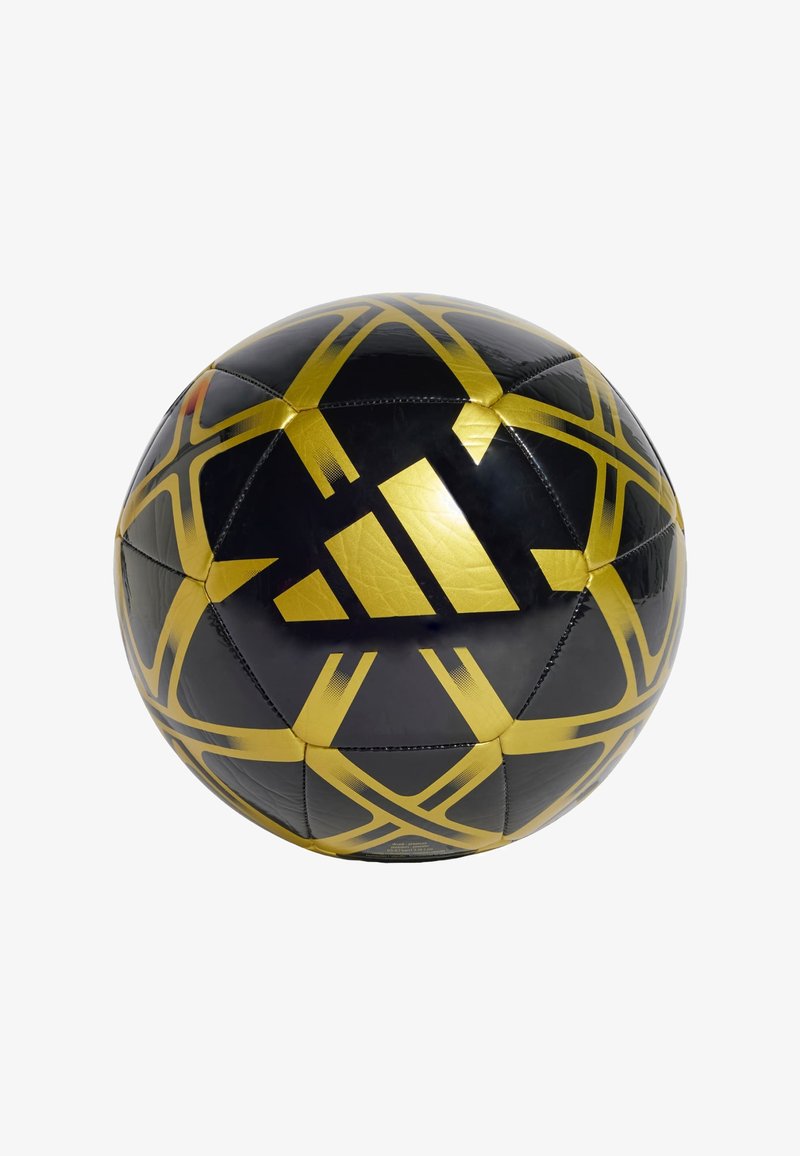 Schwarzer und goldener Fußball mit glatter Oberfläche, sechseckigen Panels und geometrischen Mustern, mit einem großen Adidas-Logo in Gold.