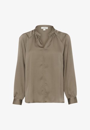 Blusa a maniche lunghe in satin verde olivastro, caratterizzata da scollatura a V, dettaglio plissettato sulle spalle e maniche con polsini.