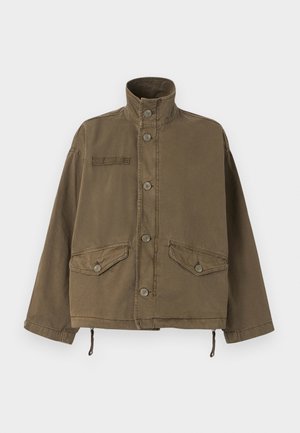 Brown, cropped jacket with a high collar, front buttons, and two flap pockets. Made of lightweight fabric with a subtle texture.