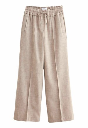 Beige weite Hose mit elastischem Bund und Kordelzug, vorderen Falten und zwei Seitentaschen aus strukturiertem Stoff.