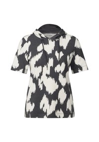 Camiseta de manga corta con capucha en gris y blanco con un atrevido patrón abstracto, que presenta un cordón y una tela texturizada.