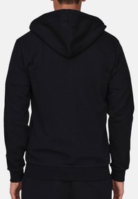 Black hooded sweatshirt made of soft fabric, featuring a front pocket, ribbed cuffs, and hem, shown from the back with a smooth texture.