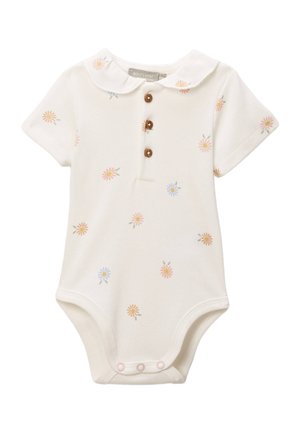 Body bébé crème à manches courtes, boutons marron, col Peter Pan, et imprimés de fleurs roses et bleues éparpillées.
