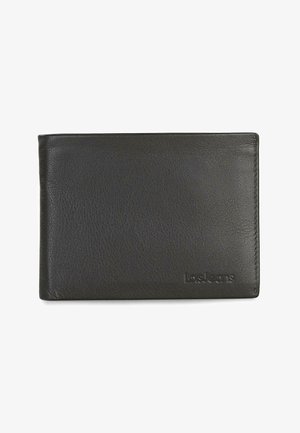 Cartera de cuero negra con superficie texturizada, diseño tipo bi-fold y logo en relieve "lasJeans" en la esquina inferior derecha.