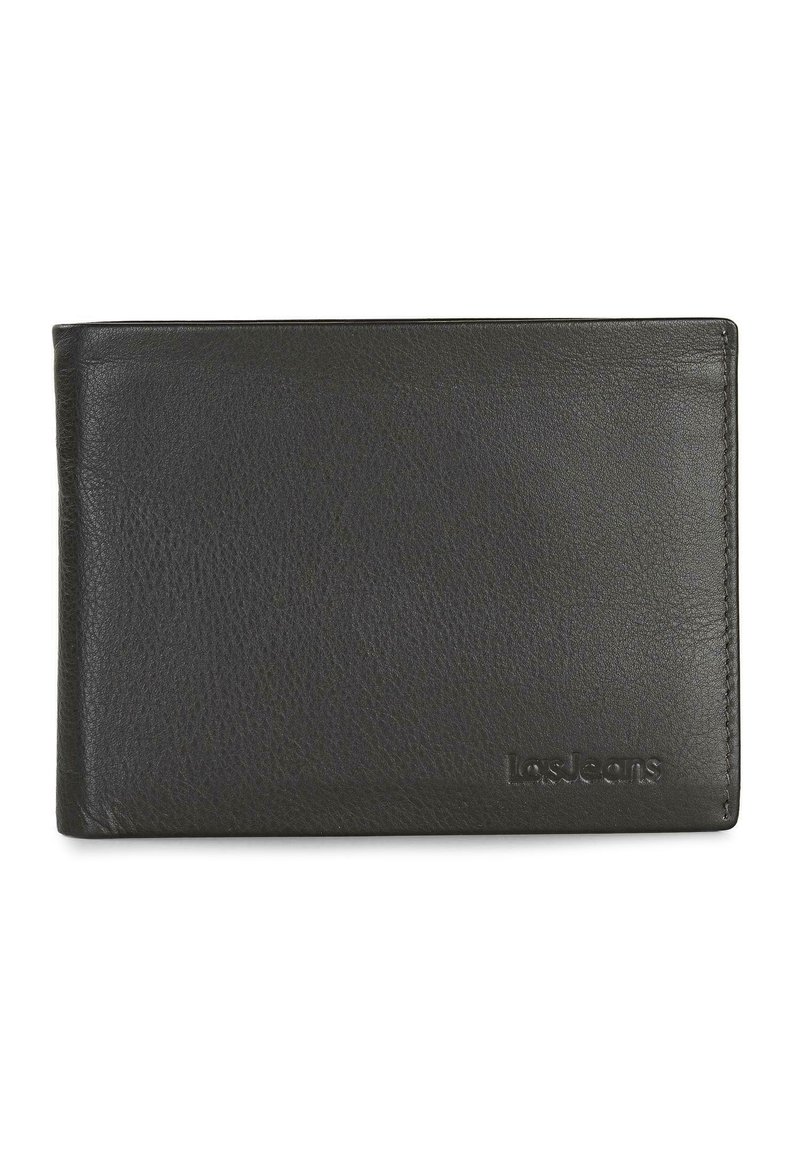 Cartera de cuero negra con superficie texturizada, diseño tipo bi-fold y logo en relieve "lasJeans" en la esquina inferior derecha.