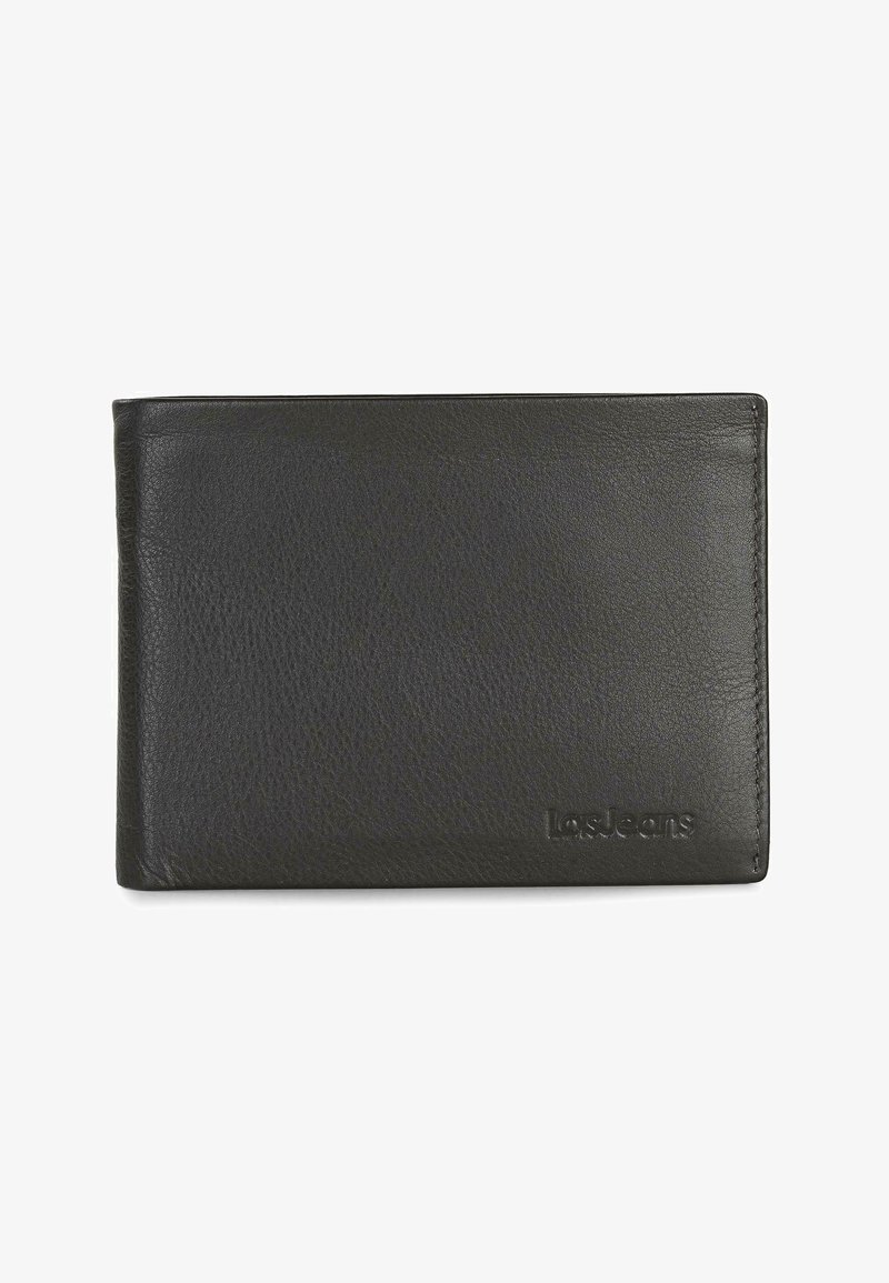 Cartera de cuero negra con superficie texturizada, diseño tipo bi-fold y logo en relieve "lasJeans" en la esquina inferior derecha.