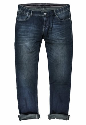 Dunkelblaue Jeans aus Denim mit geradem Schnitt, Fünf-Taschen-Design, dezentem Verblassen und aufgerollten Säumen. Gestickte Akzente an Taschen und Saum.