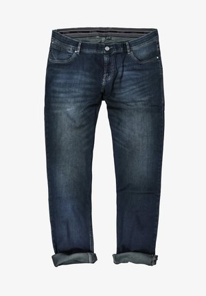 Dunkelblaue Jeans aus Denim mit geradem Schnitt, Fünf-Taschen-Design, dezentem Verblassen und aufgerollten Säumen. Gestickte Akzente an Taschen und Saum.