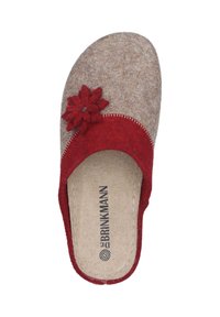 Brown felt slipper with red accents, featuring a floral embellishment, stitched edges, and a cork-like insole branded with "Brinkmann."