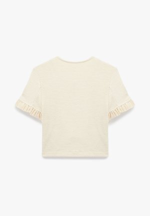 Lichtcreme kortmouwtop van textuurstof. Heeft gerimpelde accenten bij de mouwen en een klassieke ronde halslijn.