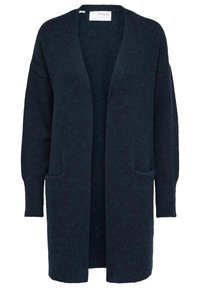 Dark navy cardigan made of soft fabric. Open front design with long sleeves, two front pockets, and a relaxed fit.