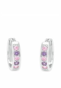 Orecchini a cerchio in argento con sei pietre ovali: tre rosa e tre viola, inseriti in un design liscio e lucido.