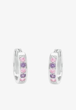 Aretes de aro de plata con seis piedras ovaladas: tres rosas y tres moradas, diseñados con un acabado pulido y elegante.