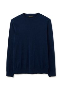 Maglione a maniche lunghe blu navy realizzato in tessuto morbido. Presenta un colletto rotondo e polsini e orlo a coste, con una texture complessiva liscia.