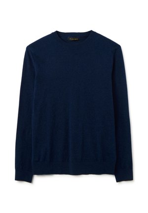 Maglione a maniche lunghe blu navy realizzato in tessuto morbido. Presenta un colletto rotondo e polsini e orlo a coste, con una texture complessiva liscia.
