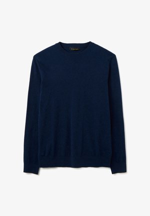 Maglione a maniche lunghe blu navy realizzato in tessuto morbido. Presenta un colletto rotondo e polsini e orlo a coste, con una texture complessiva liscia.