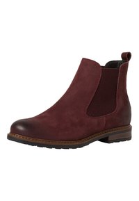 Burgundy-nahka nilkkuri, jossa on elastiset sivupaneelit, ruskea kumipohja ja vetokuvake takana, mikä helpottaa pukemista. Sileä pinta ja pyöreä kärki.