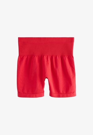 Shorts rossi in cotone con una ampia cintura a coste. Il tessuto è liscio e leggermente elastico, progettato per il comfort e la facilità di movimento.