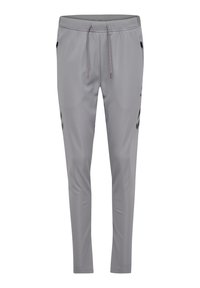 Grau Sporthosen aus glattem, leichtem Material. Mit einem elastischen Bund, verstellbarem Kordelzug und Seitentaschen. Schwarze Akzente an den Beinen.