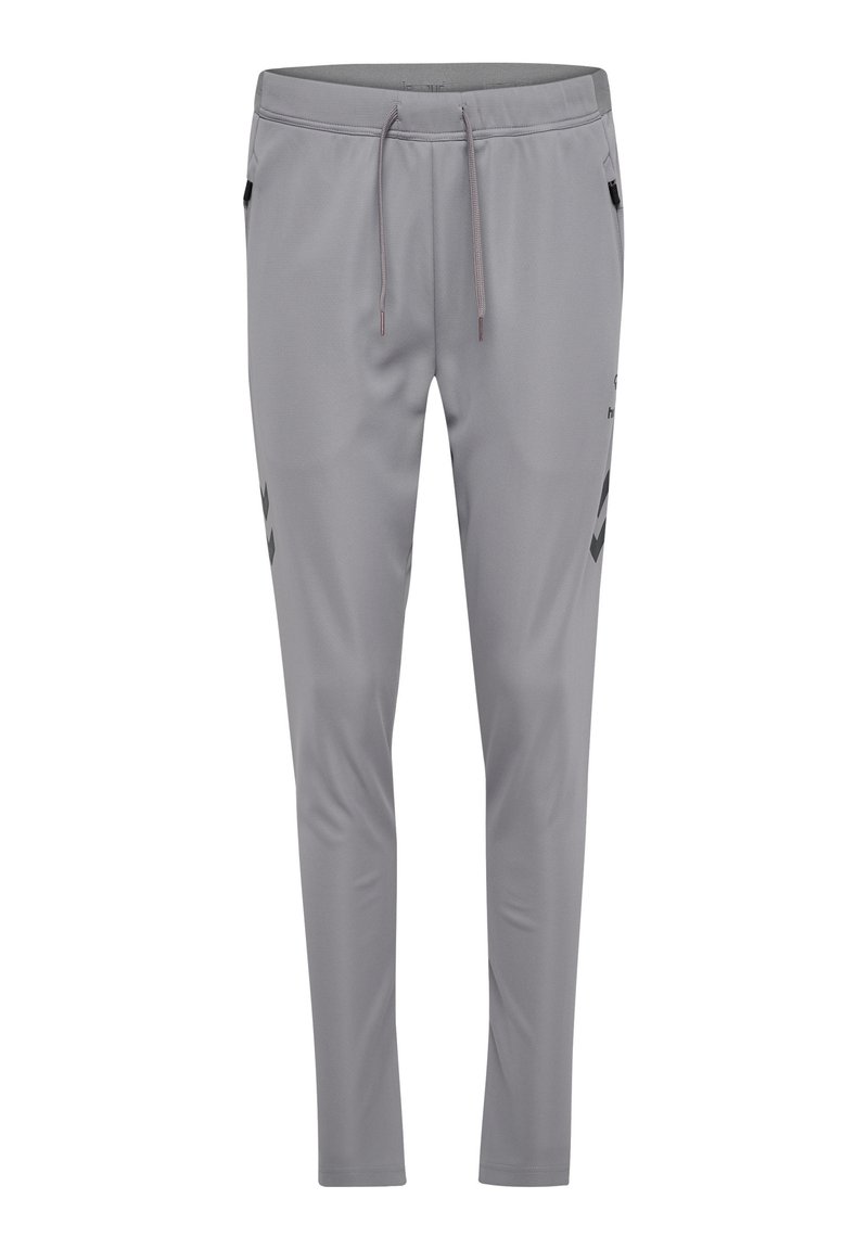 Grau Sporthosen aus glattem, leichtem Material. Mit einem elastischen Bund, verstellbarem Kordelzug und Seitentaschen. Schwarze Akzente an den Beinen.
