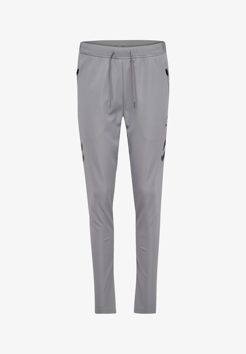 Grau Sporthosen aus glattem, leichtem Material. Mit einem elastischen Bund, verstellbarem Kordelzug und Seitentaschen. Schwarze Akzente an den Beinen.