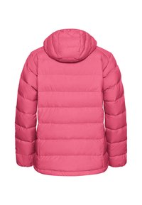 Rosa Puffjacke, mit Kapuze, gestepptem Design und horizontalen Streifen sowie glattem, strukturiertem Stoff. Rückansicht zeigt die komplette Silhouette.