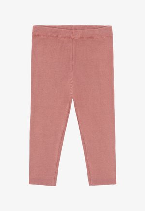 Leggings per bambini piccoli in morbido tessuto lavorato a maglia rosa polveroso con una fascia elastica in vita e sottili dettagli a cucitura verticale sulla parte anteriore.