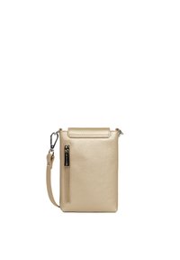 Borsa a tracolla in pelle beige con superficie testurizzata, tasca frontale con zip e tracolla regolabile. Compatta e di forma rettangolare.