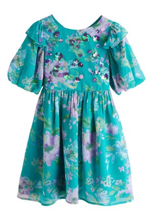 Türkisfarbenes Blumenkleid mit Puffärmeln, Rüschendetails an den Schultern und Pailletten-Blumenverzierungen am Oberteil.