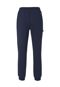 Marineblauwe sweatpants gemaakt van zacht stof, met een elastische tailleband en nauwsluitende boorden. Inclusief klein logo en labeldetail.