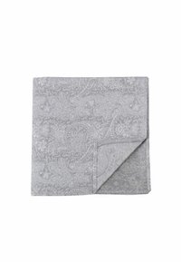 Gray paisley-patterned fabric with intricate floral designs, soft texture, and finished edges, folded neatly at a corner.