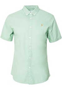 Camicia a maniche corte, di colore verde chiaro, con il colletto classico. Presenta un piccolo logo giallo sul petto. Materiale in cotone morbido.
