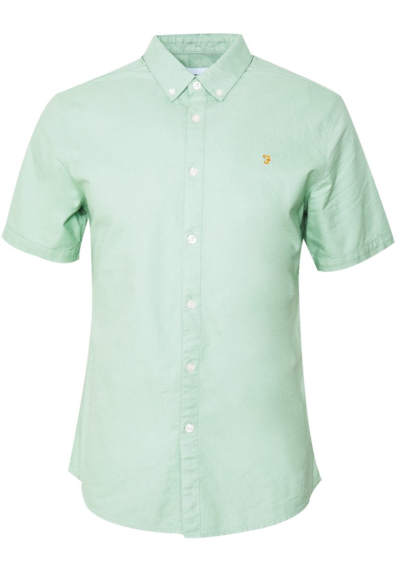 Camicia a maniche corte, di colore verde chiaro, con il colletto classico. Presenta un piccolo logo giallo sul petto. Materiale in cotone morbido.