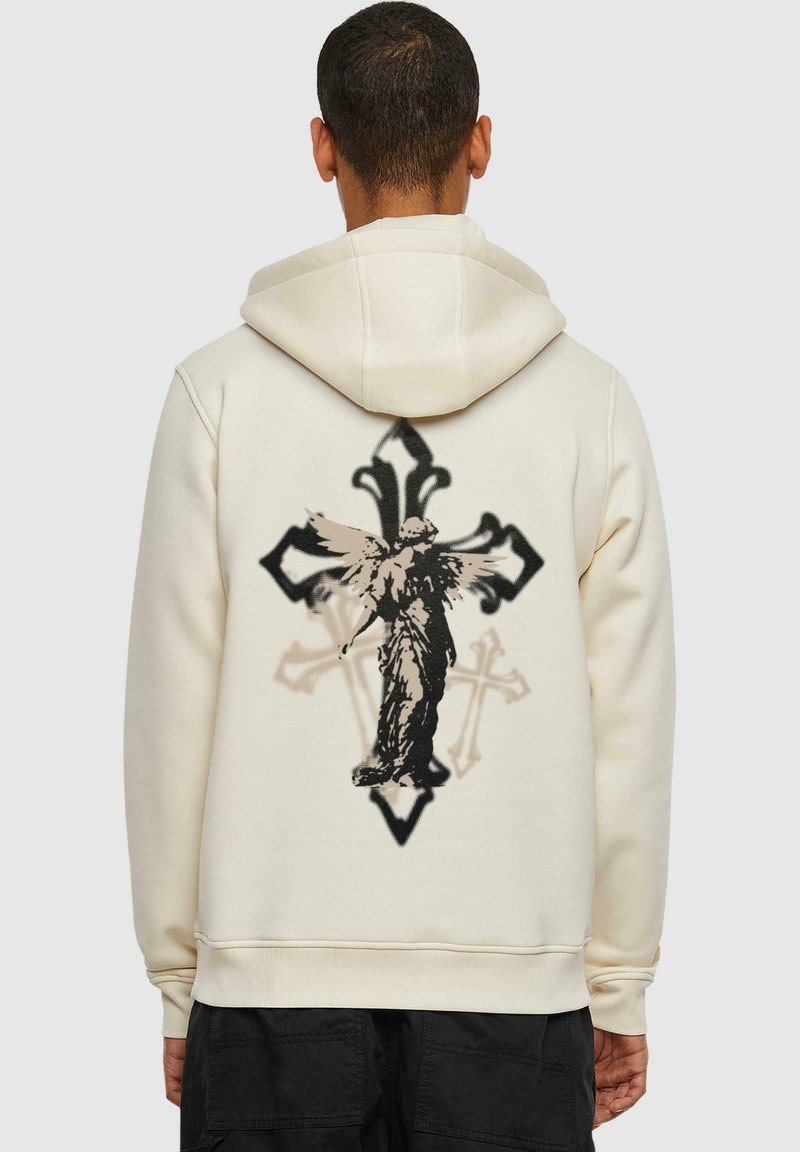 Hooded sweatshirt in off-white fabric featuring a large black and gray angel graphic on the back, with a cross and ornate design elements.