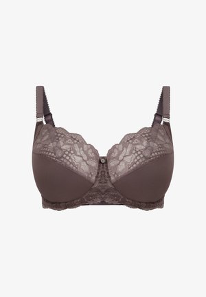 Sujeción marrón con detalles de encaje en las copas y la banda, con soporte de aro. Tirantes ajustables con adornos decorativos.