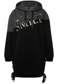 Schwarzer und grauer Kapuzenpullover mit "SMILE"-Grafik, Schnürung an den Seiten und langen Ärmeln. Aus weichem Material gefertigt, bietet er einen lockeren Schnitt.