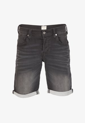 Zwarte denim shorts met een vervaagde uitstraling, opgerolde mouwen, vijf zakken en knoopsluiting. Gemaakt van duurzaam katoen.