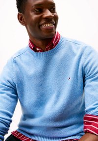 Maglione azzurro realizzato in morbido tessuto a maglia; scollo tondo, polsini a costine. Sotto, una camicia a righe rosse e bianche.