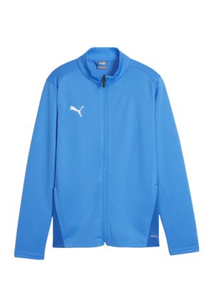Blauwe lichtgewicht jas van gladde stof met een volledige ritssluiting, opstaande kraag en mesh accenten; heeft een wit logo op de borst.